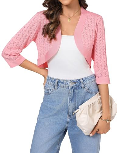 Gyabnw Cardigan Corto Donna Elegante Bolero Donna 3/4 Maniche Maglione Lavorato a Maglia Cava con Scollo a V, Adatto per Bretelle, Gonna Lunga,Gilet, Jeans, Gonne alla Moda