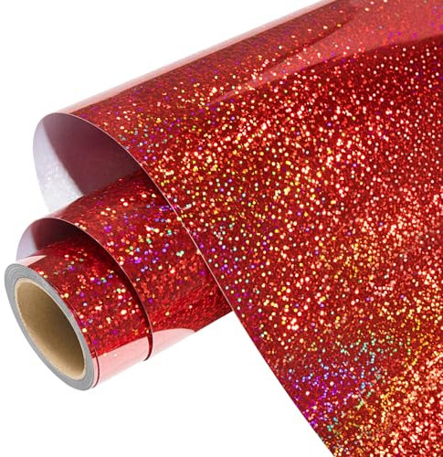 WRAPXPERT Holographic Red HTV Iron on Vinyl Shimmer Heat Transfer Vinyl for T-Shirts, 12''x5ft Holographic Glitter Vinyl Rolls for DIY Clothing Pattern,Stretchable & Washable