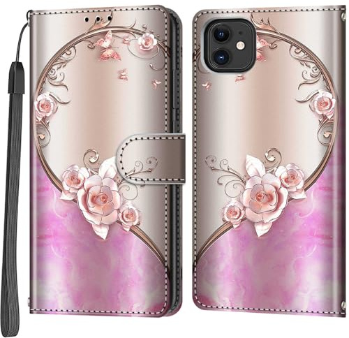 Salanheo Handyhülle für iPhone 12/12 Pro Hülle, Rosa Rose | Magnetische, Stoßfeste Faltbar Klapphülle, Standfunktion, Kartenfächern, Geldbeutel, PU Lederhülle, Handytasche