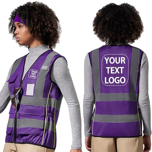 AYKRM Damen Warnweste in Lila, Sicherheitsweste mit Reflektoren und Mehreren Taschen, Fahrradweste in M, personalisierbar mit Text oder mehrfarbigem Logo
