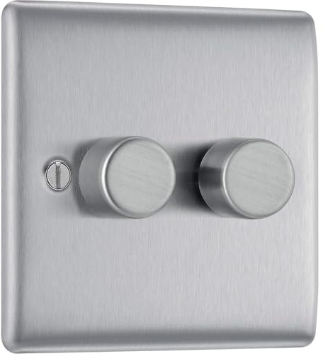 AMK® BG 2 Gang 2 Way Push Brushed Steel 400W Dimmer Switch For Fluorescent Incandescent and Other Variable Brightness Lamps