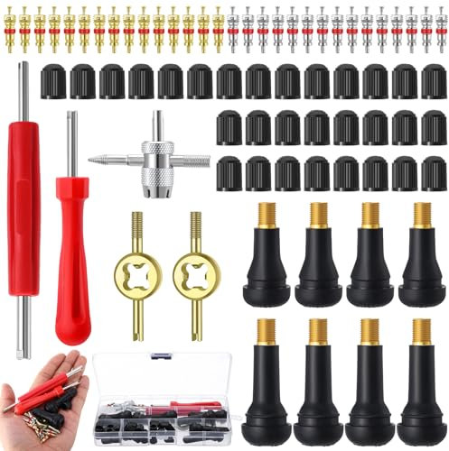 Xialvyu 73-teiliges Ventilwerkzeug Set für Auto, Motorrad und Fahrrad Ventilentferner und Reparaturset mit Doppel und Einfachkopf, Ventilschlüssel für Reifenventile