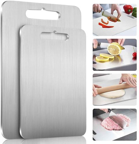 2 Pezzi Tagliere in Acciaio Inox, Tagliere Acciaio Inox Doppio Lato Multifunzione può Essere Appeso Professionale Sostenibili Tagliere Cucina per Pasta, da Carne, da Verdura e Frutta