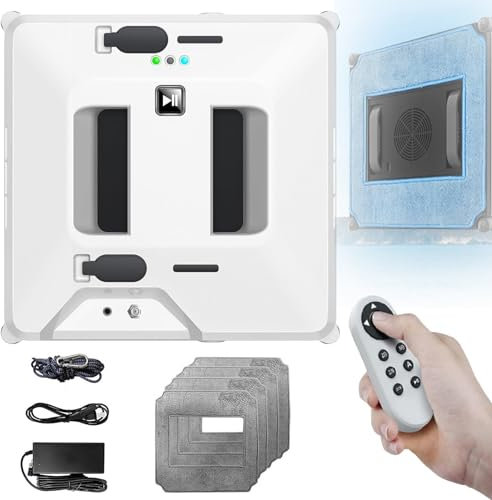 Soflightmok Robot Window Cleaner- Double Water Spray | Square 3000pa Glass Mirror Cleaning Machine W/Remote Control/Dry&Wet Wipe/4 Cleaning Cloth/3 Modes/Power Failure Protection,White