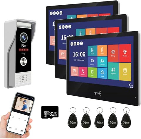 Videoportero con cable Sistema de intercomunicación de apartamentos,WiFi 10 pulgadas monitor táctil con cámara de timbre de puerta 1080P,Desbloqueo de tarjeta RFID para el (1 Timbre+3 Monitor)