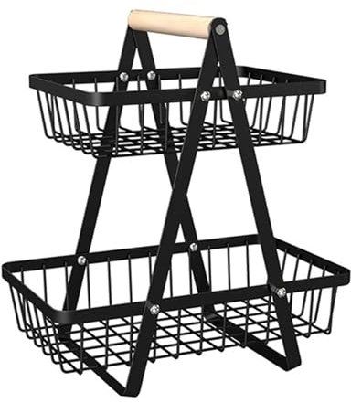 Hikrxya 2 Piani Cesto di Frutta Nero - Alzatina Portafrutta a Ripiani con Manico in Legno - Rimovibile Cesto Portafrutta in Metallo da Tavolo per Pane Verdura Spuntini Cucina Ufficio