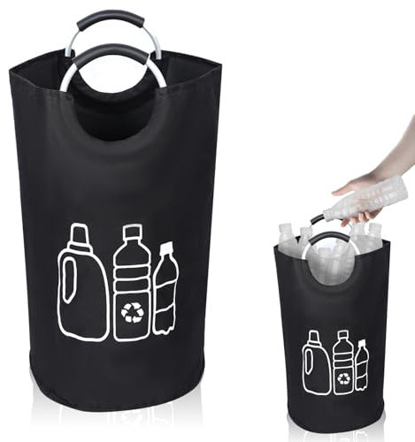 Poubelle Recyclage 82L Pliable – Poubelle Tri Sélectif avec Poignées Aluminium – Rangement Bouteille pour Cuisine et Cellier (Noir)