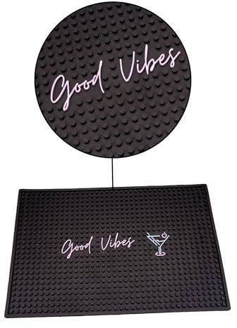 Bar Buddy Rubber Bar Mat Runner | 45cm x 30cm x 1cm | Premium Counter Top Spill Mat for Glassware | Home Bar Man Cave | Non-Slip black PVC | Beer and Cocktail drinks | Good Vibes