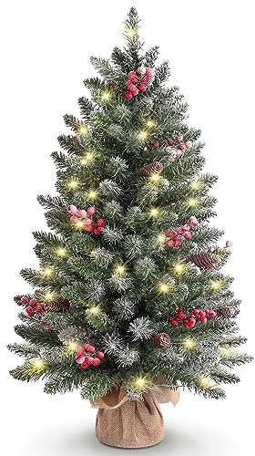 GreenChief 90cm / 3ft Tabletop Pre-lit Mini Christmas Tree with 8-Modes LED Lights, Pine Cones, Berries & Snow Flocked, Xmas Artificial Tree for Home, Office Desk, Small Space