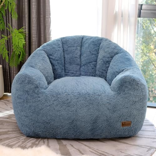 UODERS Gemütlicher Sitzsack in Muschelform für Erwachsene, Big Beanbag Sofa mit weicher Füllung & Kunstfell, Bean Bag Chair für Living Room, Schlafzimmer & Arbeitszimmer(Blau-L)