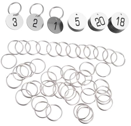 50Pcs Round Numbered ABS Key Tags with Rings for Keys and Lockers | Engraved Plastic Discs, Silver Finish, Sauna Use and Valet Services, Label Tags for Organised Access Control