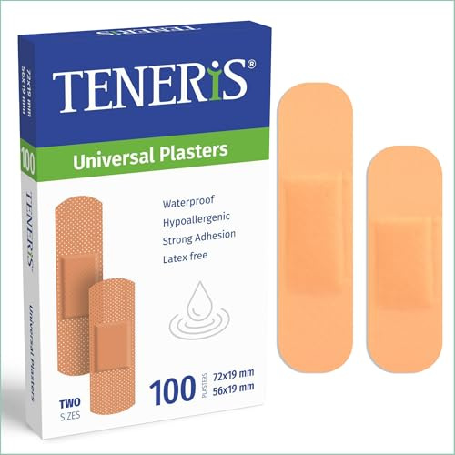 Teneris Universal Plasters - Pack of 100 – Waterproof, Hypoallergenic, Latex-Free PE Wound Dressings with Strong Adhesive for Cuts, Blisters & Grazes for Everyday Protection