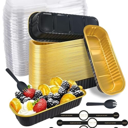 Junfete 50pcs Mini Loaf Pans for Baking with Lids and Spoons, Rectangular Aluminum Foil Baking Pans Mini Cheesecake Containers 6.8oz (Black Gold)