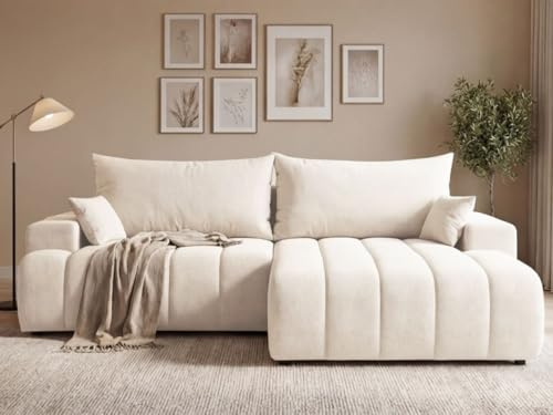 GRAINGOLD Caleo Ecksofa modern mit Bettfunktion, 270x170 cm, L-Form Sofa, Schlafcouch für Wohnzimmer, Velour-Stoff, 3-Sitzer Eckcouch, Ecksofa mit Bettkasten (Creme, Rechts)