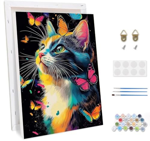 TOSTOG Peinture par Numéro Adulte avec Cadre Chat et papillon Peinture par Numéros pour Adulte Paint by Numbers Kit pour Décoration Murale et Cadeaux Pour La Maison (20×30cm)
