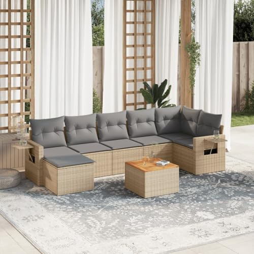 Hoopleep 8-TLG. Garten-Sofagarnitur, Poly Rattan Beige, Ecksofa mit Stauraum, wetterfest, für Terrasse & Outdoor, inklusive Kissen, 110 kg Traglast pro Sitz