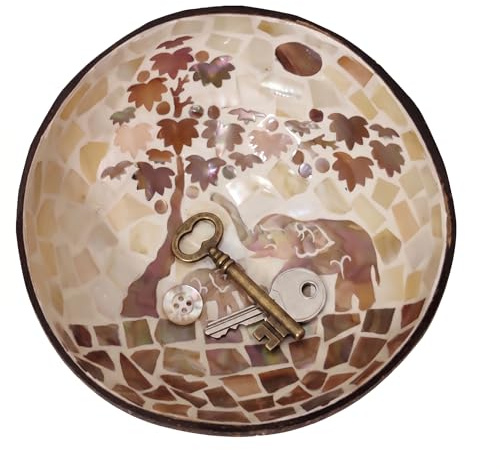 FOMIYES Natural Coconut Shell Bowl, Handmade Shell Inlaid Key Storage Holder for Hallway, Decorative Elephant Trinket Bowl for Jewellery Candy Snacks, Unique Eco-Friendly Home Décor