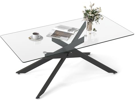 COSTWAY Mesa de Centro de Cristal, Mesa Central Rectangular con Tapa de Cristal Templado y Patas Tubulares de Metal, Mesita de Café Moderna para Salón Oficina Apartamento, 120 x 60 x 45,5 cm (Negro)