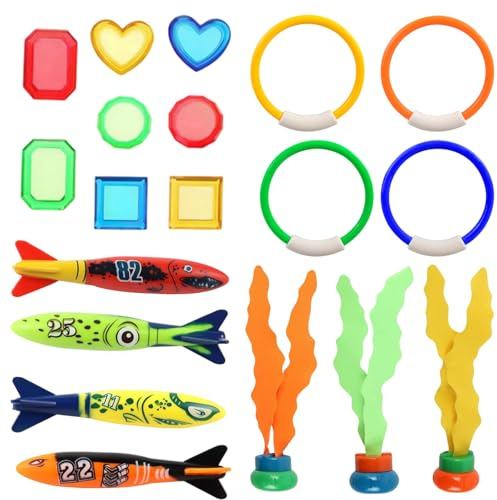 Puhzamey Set di Giocattoli da Immersione per Bambini 19 PCS, Giocattolo Subacqueo, Torpedo da Immersione, Giocattolo di Alghe & Gioielli da Immersione - Giocattolo per Ragazzi e Ragazze dai 4 Anni
