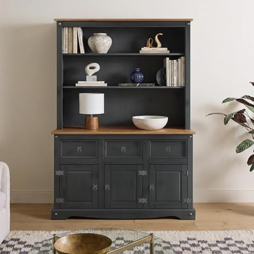 Corona Charcoal Dresser 3 Door Large Sideboard Solid Wood Pine Wooden Dark Grey Painted Display Cabinet Cupboard Open Shelving Shelves Kitchen Dining Room Shabby Chic 176cm High 125cm Wide 40cm Deep