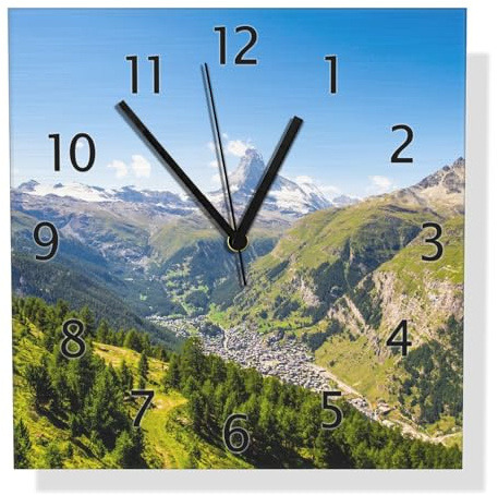 Wallario Design Wanduhr Sommerliches Alpenpanorama aus Aluverbund, Alu-Uhr Größe 30 x 30 cm, Schwarze Zeiger mit Metalloptik