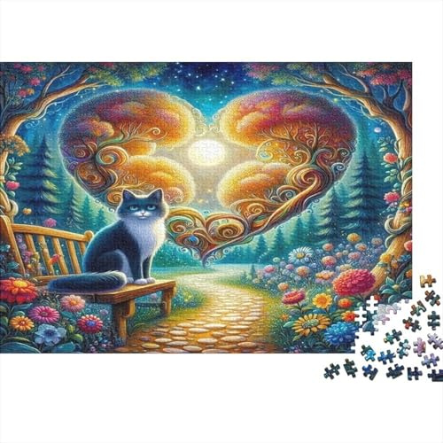 Herzförmige Wolken Puzzle für Erwachsene 1000 Teile Katze auf Gartenbank Entspannung Deko 52x38cm/1000pcs