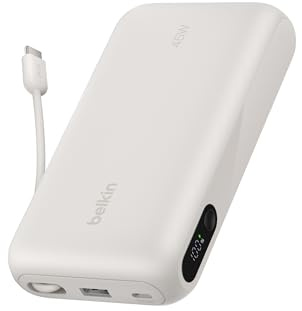 Belkin UltraCharge 20000mAh Power Bank, USB-C-Kabel und Anzeige – Beige | 20K Powerbank, bis zu 3 Geräte Laden (1 USB-C-Port + Kabel, 1 USB-A-Port), 45W, Geeignet für Flugreisen, Bereits Aufgeladen