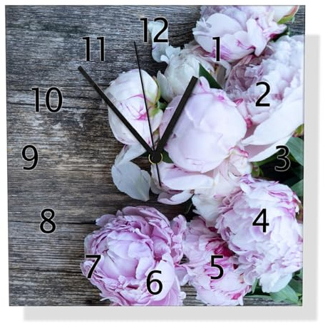 Wallario Design-Wanduhr Pinke Blumen auf Holz aus Glas, Motiv-Uhr Größe 30 x 30 cm, Schwarze Zeiger