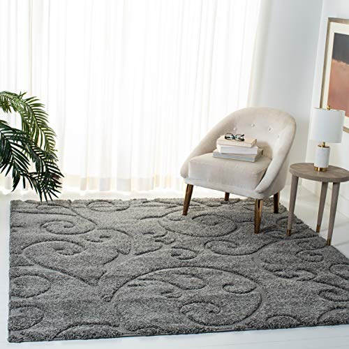 SAFAVIEH Florida Shag Collection Area Rug - 6'7 Square, Grey, Scroll Design, Non-Shedding & Easy to Clean, High-Low Plush Pile, Ideal for Living Room, Bedroom, Dining Space (SG455-8013)