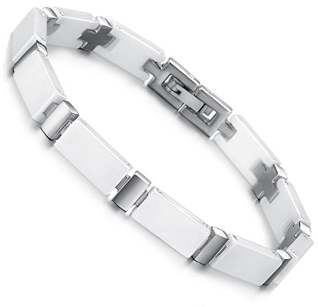 Cupimatch Damen Armband, Edelstahl Keramik Link Armreif Armschmuck Silber Weiß