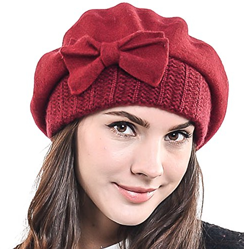 HISSHE Frauen Barette 100% Wolle Baskenmützen Schicke Winter Mütze HY022 (Rotwein)