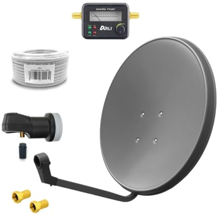 ARLI 60cm HD Sat Anlage Single LNB + 50m Koaxialkabel 135dB + Satfinder + 2 F-Stecker Digital 1 Teilnehmer Antenne Grau UHD 4K FullHD