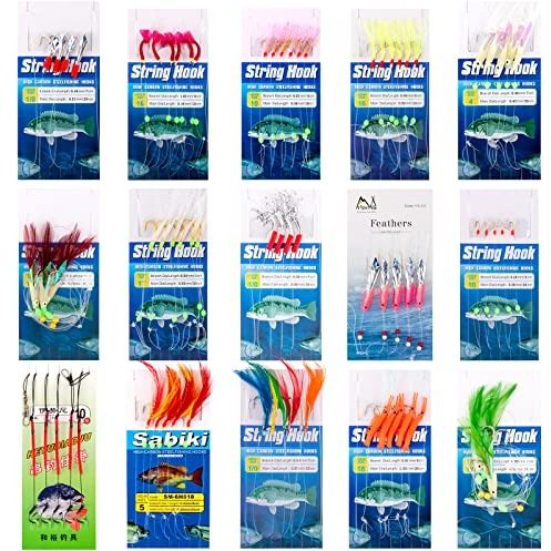 Yoshikawa 15 Packs Mackerel Feathers Pack with Mackerel Bait Hooks Lures Sea Fishing Rigs Tackle Accessories for Summer Species Boat Shore Beach Fishing