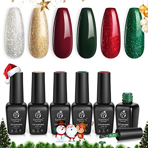 Beetles Christmas Gel Nail Polish Set, Glitter Green Red Gold Silver Dark Dark Red Gel Polish Set Soak Off UV Nail Lamp LED Cured Nail Art Design Gel Nail Kit Christmas Gifts for Women