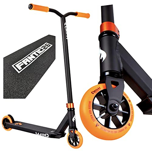 Chilli Pro Scooter Stunt-Scooter H=82cm Trick Tret Roller schwarz Orange + Fantic26 Sticker + Griptape