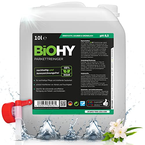 BiOHY Parkettreiniger (10 Liter Kanister) + Auslaufhahn | Konzentrat für versiegeltes & geöltes Parkett | materialschonend & schmutzlösend | für eine streifenfreie Reinigung | 2 in 1 Pflege