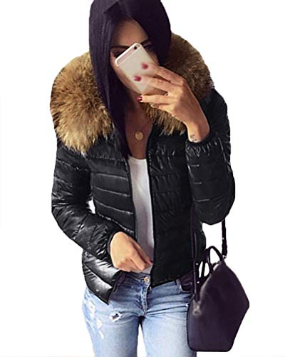 Onsoyours Damen Warm Mantel Wintermantel Kurz Winterjacke Dickere Parka Mantel Echtfell Kapuze Warm Gefüttert Waschbar Mit Kapuze Slim fit Outwear Schwarz XS