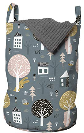 ABAKUHAUS Natur Wäschesack, Bären und Hasen Bäume, Wäschekorb mit Griffen Kordelzugverschluss für Waschsalons, 33 cm breit x 49 cm hoch, Mehrfarbig Grau
