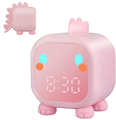Ayybboo Réveil Enfant Fille Garcons Dinosaure Lumineux Reveil Enfant Numerique Lampe Réveil Veilleuse Jour Nuit Enfant Réveil de la Maternelle Volume Réglable avec Snooze Compte à rebours(Rose)