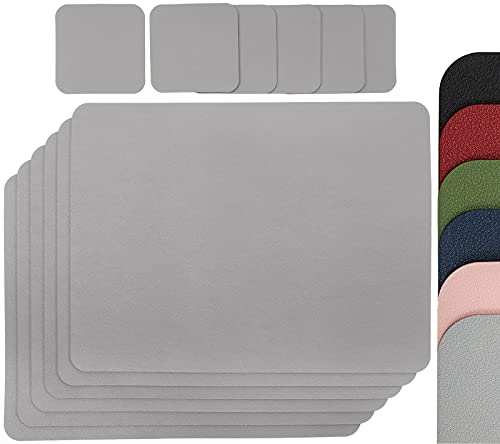 Lot de 6 grands sets de table en cuir synthétique 30 x 45 cm et 6 dessous de verre 10 x 10 cm - Double face lavable en machine - Anti-plis et anti-taches (gris)