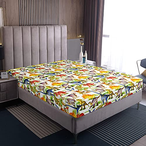 Dinosaurier Kinder Spannbetttuch Niedlichen Karikatur Tier Dinosaurier Bettwäsche für Jungen Bunte Schöne 3D Tiermuster Spannbetttücher, Wald Dekor Weiche Reversibel Bettwäsche Dekor Set, 90x200