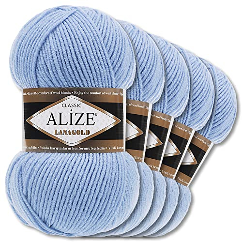 Alize 5 x 100 g Lanagold Wolle | 53 Auswahl | Stricken Häkeln Wolle (40 | Hellblau)