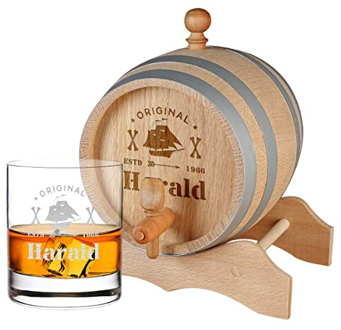 Lot de 2 verres à whisky avec gravure au choix Tonneau en chêne 1 L avec bouchon et verre à whisky 320 ml Bois naturel – Parfait pour le stockage Réutilisable Motif original Exclusive