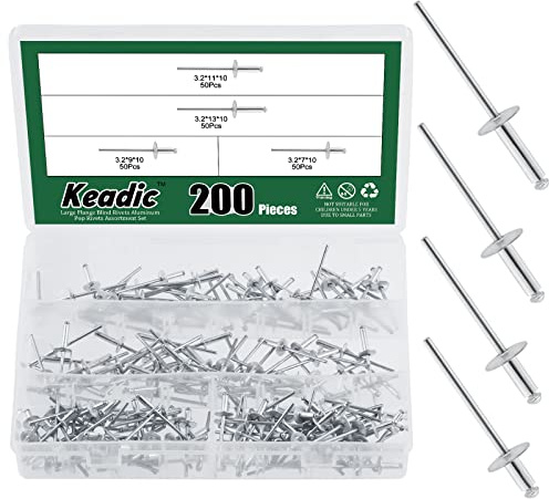 Keadic 200 Pcs 1/8 Aluminium Large Flange Blind Rivets, 4 Sizes Open End Domed Head Pop Rivets, Rust Resistant Rivet Fasteners for Metal Plates & Pipes