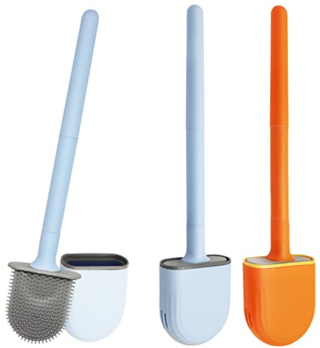 Toilet Brush, Wieat 2 pcs Silicone Toilet Brushes & Holders, Loo Brush, Wall Mounted Closet Bowl Brush, Bathroom Cleaning Brush (Orange & Blue)