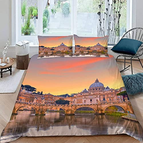 Kinderbettwäsche 135x200 3D Petersdom Bettbezug 135x200 mit ReißVerschluss Stadtansicht Bettwäsche Set Sommer Weiche Mikrofaser Kinderbettwäsche Bettbezüge mit 2 Kissenbezug 80x80 cm