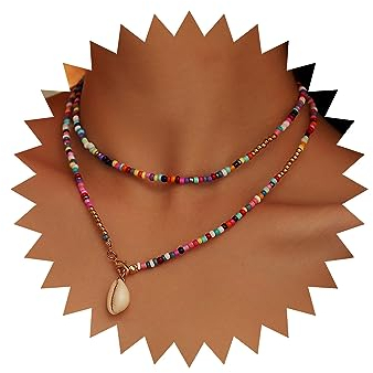 Wendalern Geschichtet Muschel Anhänger Halskette Boho Perlen Choker Halskette Perlen Muschel Kragen Halskette Bunte Perlen Ketten Halskette Schmuck für Frauen und Mädchen
