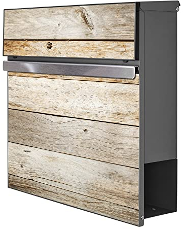 banjado® Briefkasten Anthrazit mit Motiv Graues Holz/Briefkasten mit Zeitungsfach 37x37x10,5 cm groß/Postkasten A4 Einwurf inkl. Montagematerial & 2 Schlüsseln