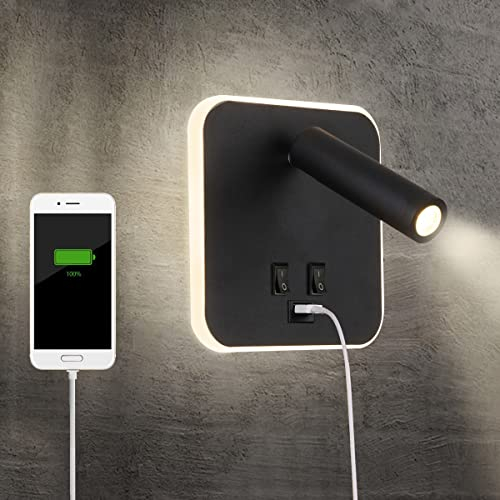 TWSXTE Nachttischlampe schwenkbar USB-Aufladung Wandleuchte Schlafzimmer Strahler Schlafzimmer Licht zum Lesen 3000K (3W + 10W)