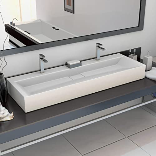 HOMIUSE 46x120x11 cm Lavabo Baño Lavabo Piedra Lavamanos Baño con 2 Orificio de Grifo Diseño Moderno Blanco Lavabo Suspendido Resina Mineral Mármol Lavabo Sobre Encimera Lavabo Colgante
